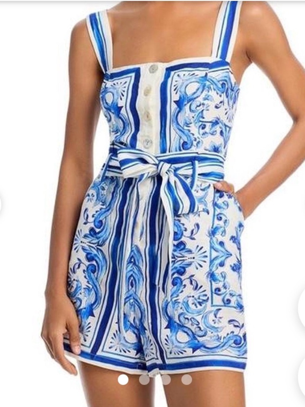 FARM Rio Blue & White Printed Square-Neck Romper with Tie Waist - Picture 1 of 4